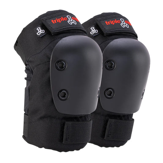 Black elbow pads with 'triple eight' branding on a white background