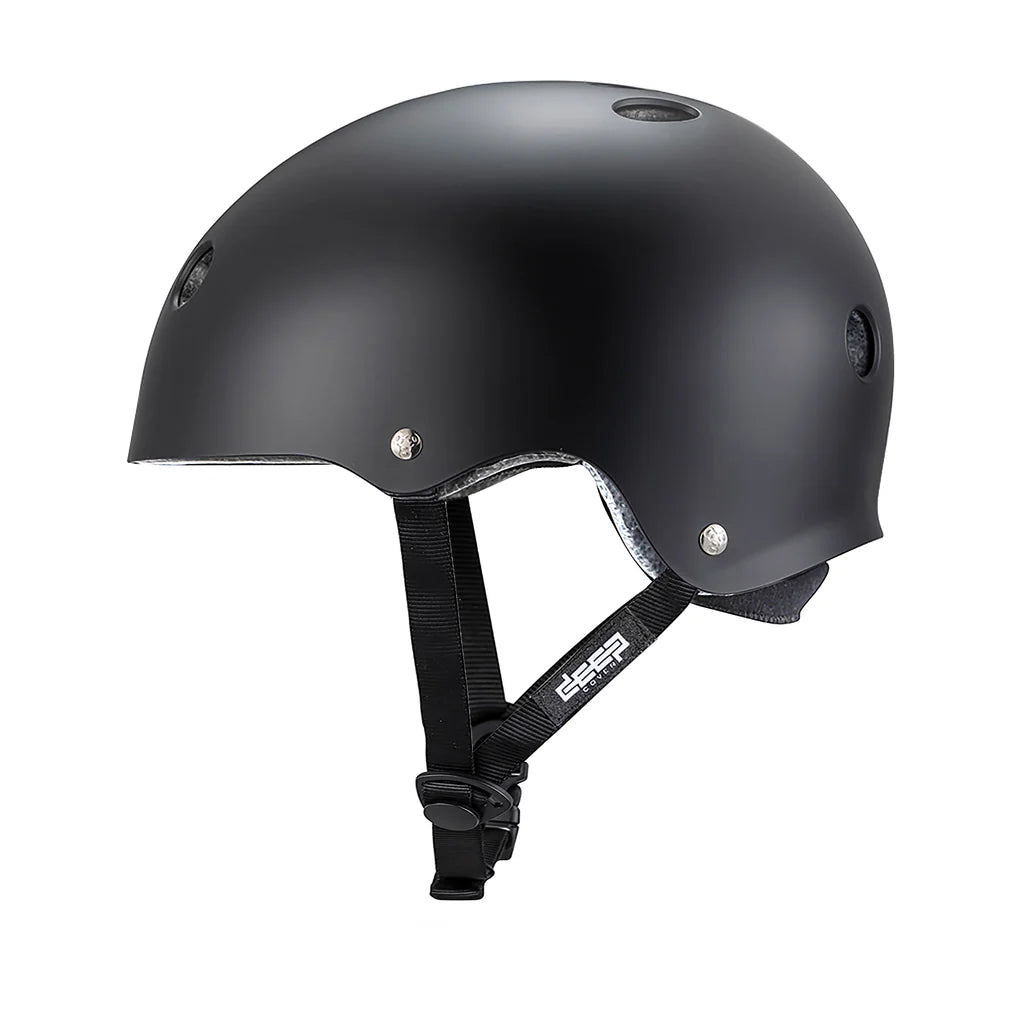 Black helmet with a visible brand logo on a white background