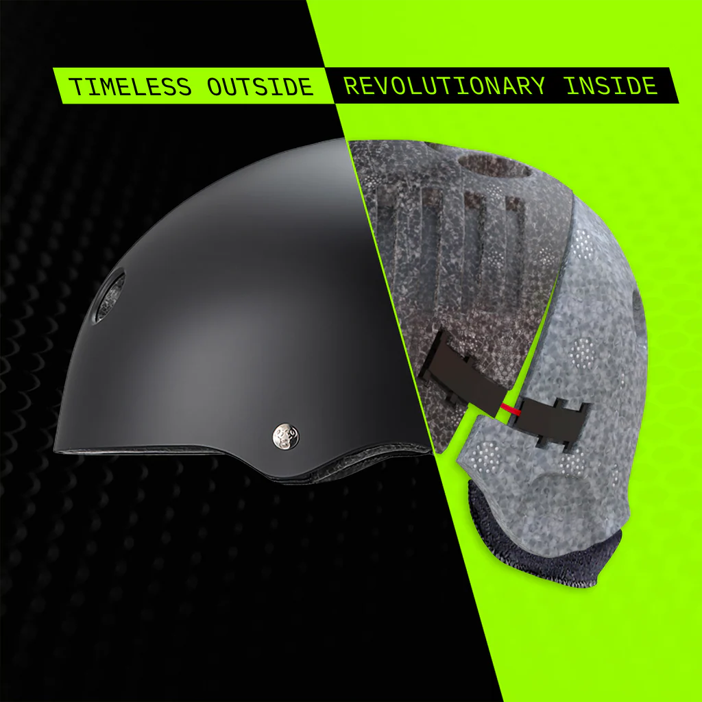 Black helmet on a green and black background with text 'Timeless Outside Revolutionary Inside'.
