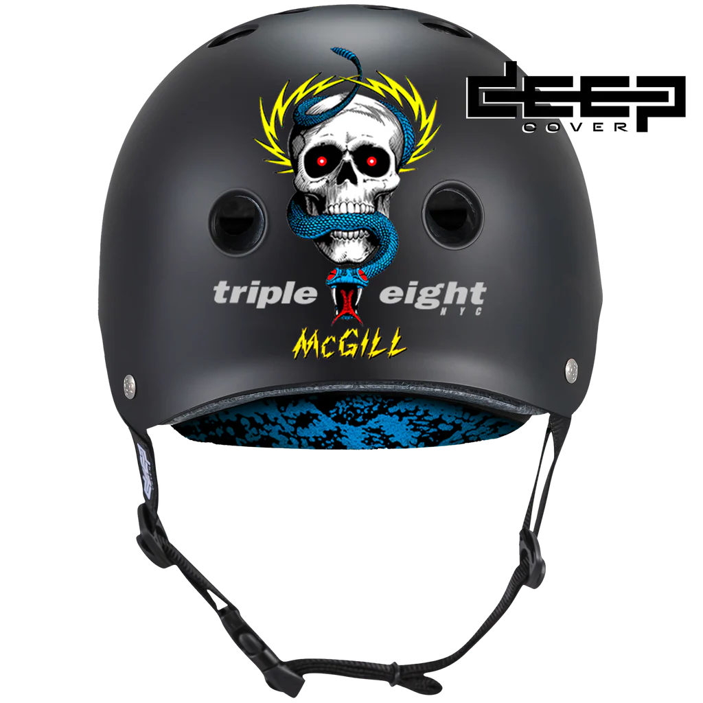 Black helmet with skull design and 'triple eight McGill' branding on a white background