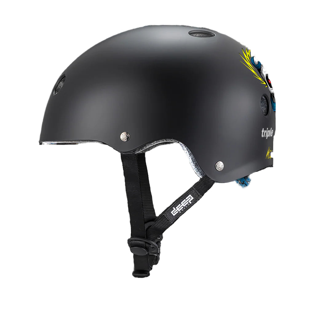 Black helmet with visible branding on a white background