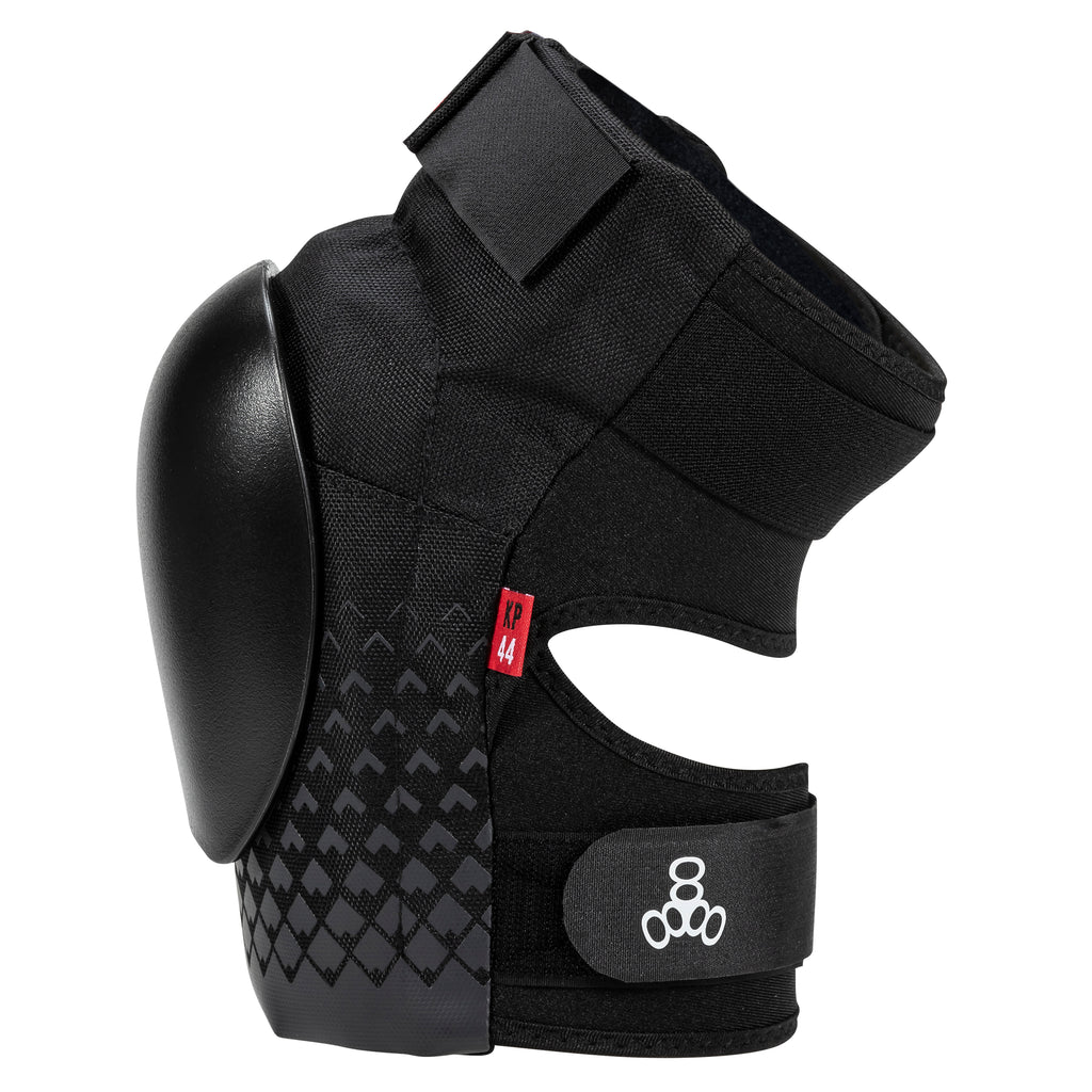 Black protective knee pad with brand logo on a white background