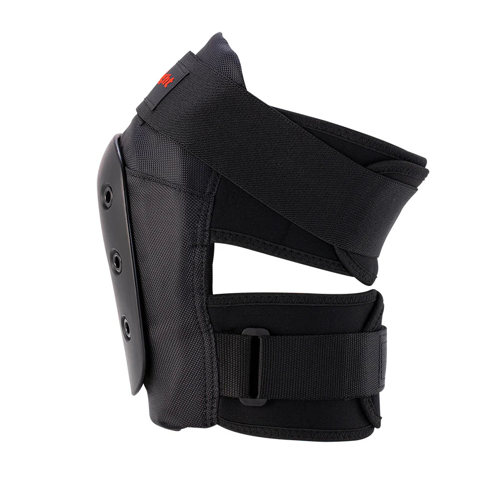 Black protective knee pad with straps on a white background