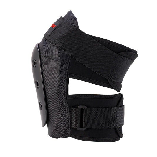 Black protective knee pad with straps on a white background