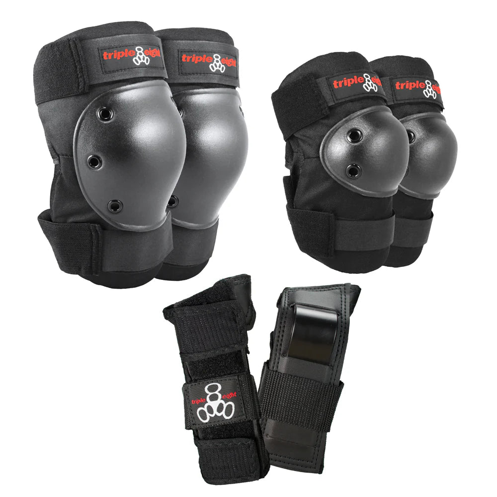 Set of black knee and wrist pads and wrist guards with 'triple eight' branding on a white background