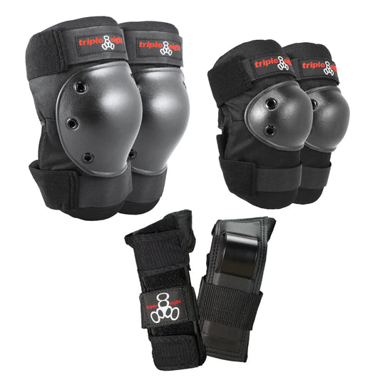 Set of black knee and wrist pads and wrist guards with 'triple eight' branding on a white background
