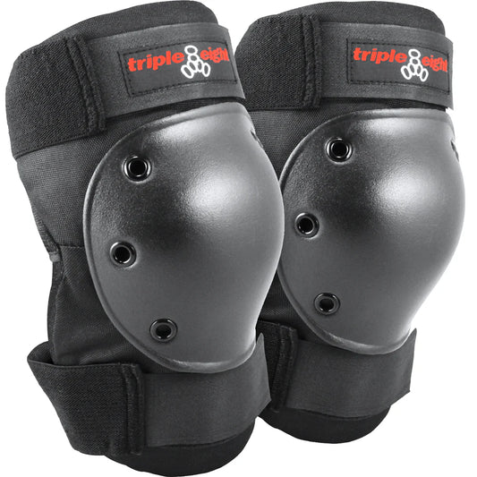Pair of black knee pads with 'Triple Eight' branding on a white background