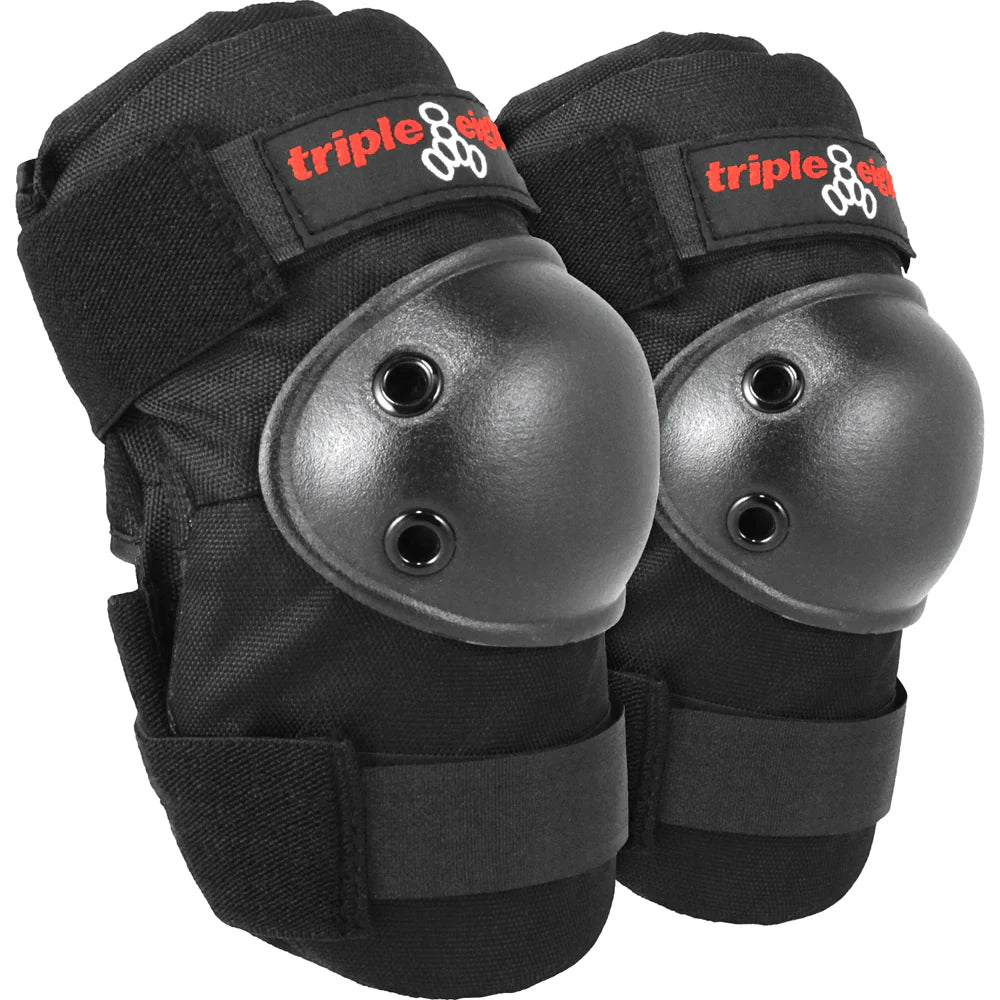 Black elbow pads with 'Triple Eight' branding on a white background