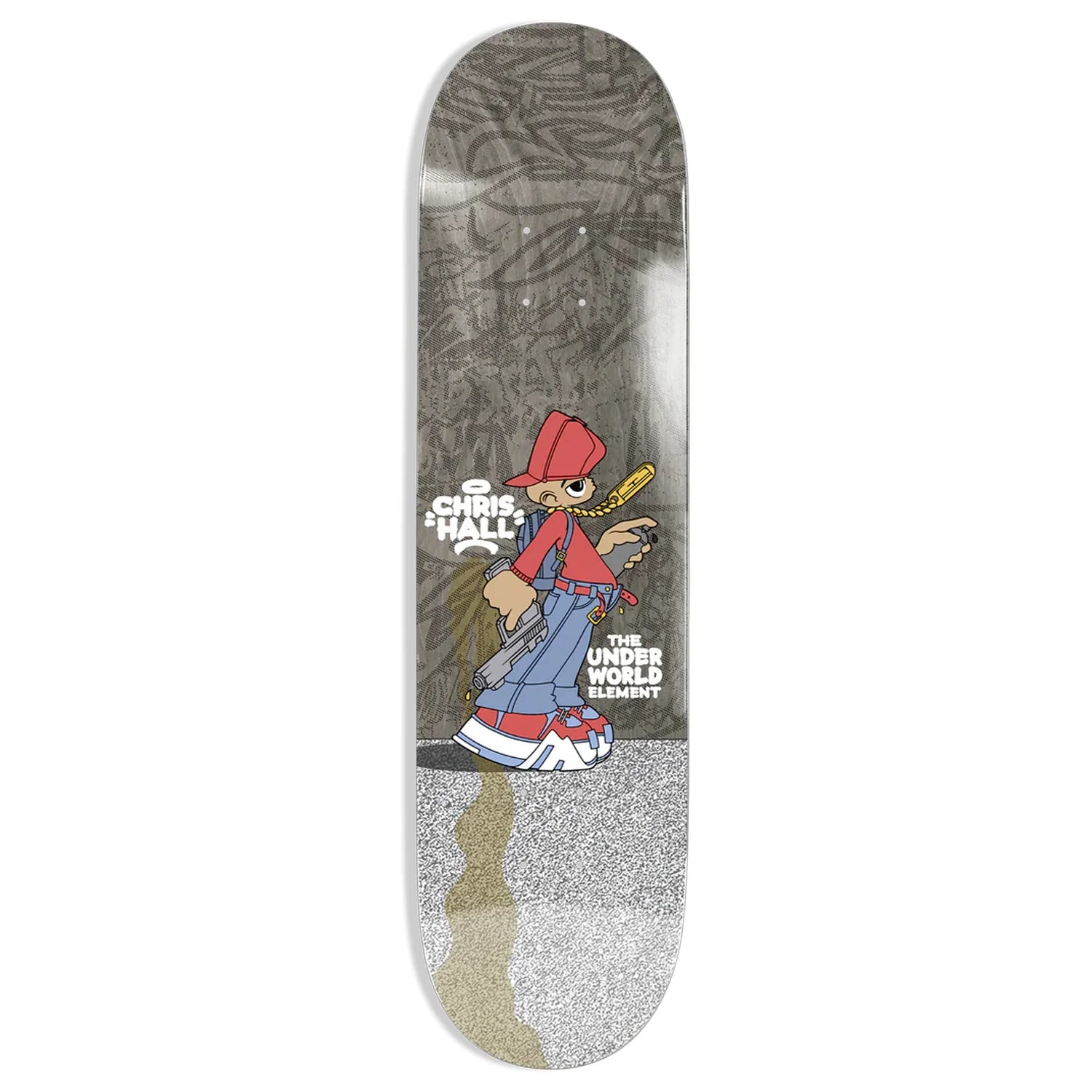Skateboard deck with a character design and text on a white background