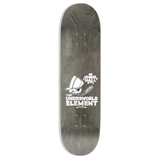 Skateboard deck with a graphic design and text on a white background