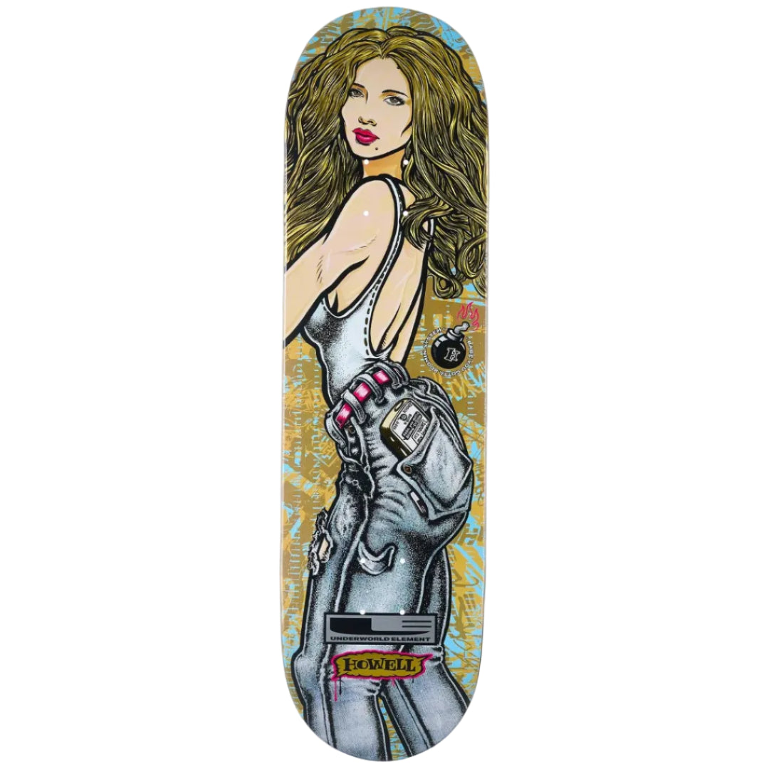 Skateboard deck with a graphic design of a woman in a silver outfit on a colorful background