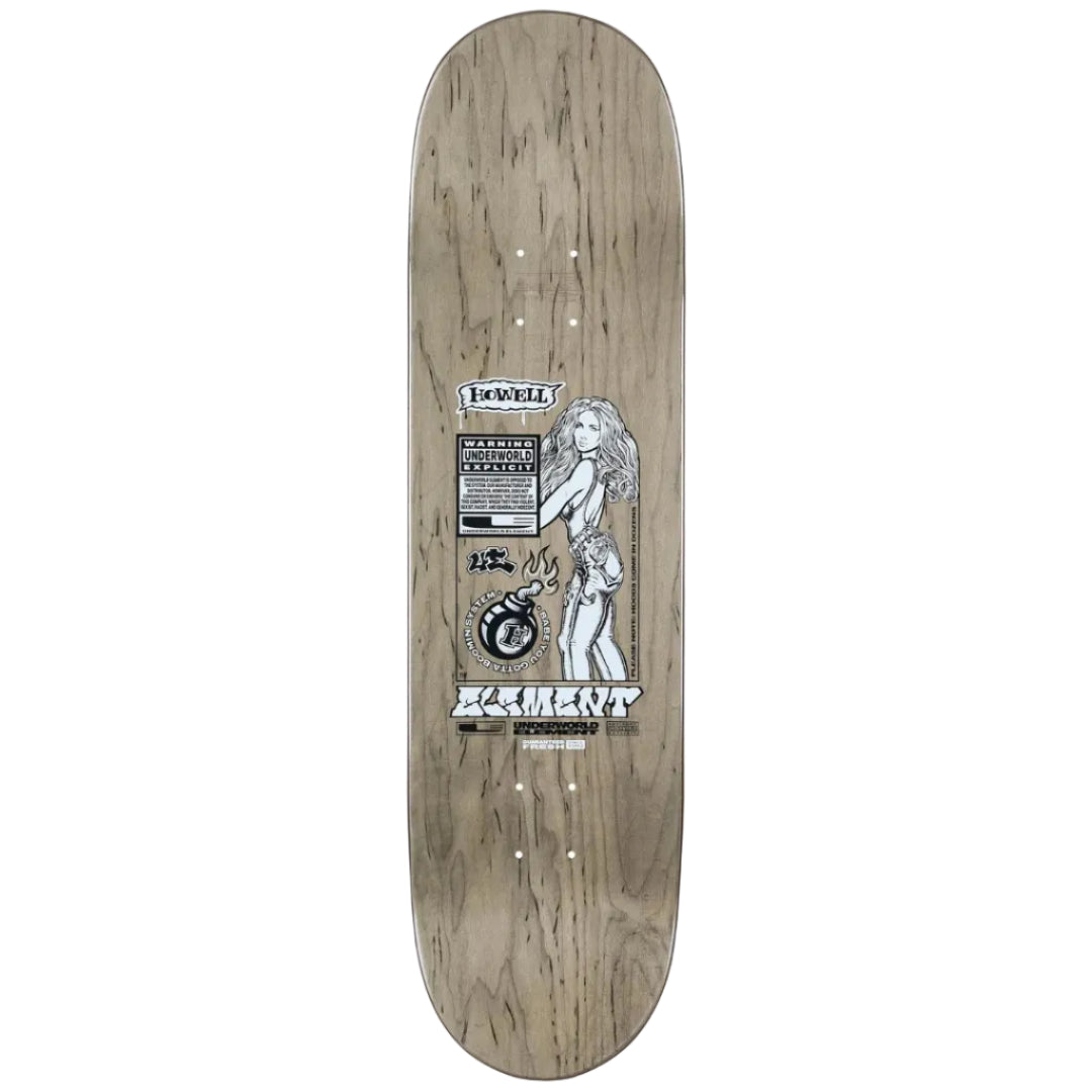 Skateboard deck with graphic design on a white background