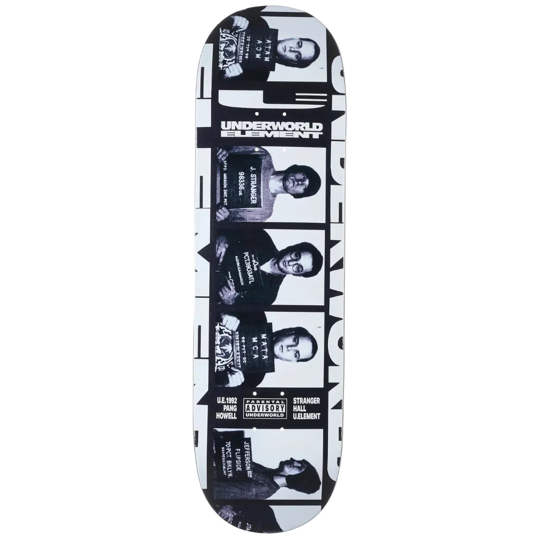 Skateboard deck with black and white graphics and text on a white background