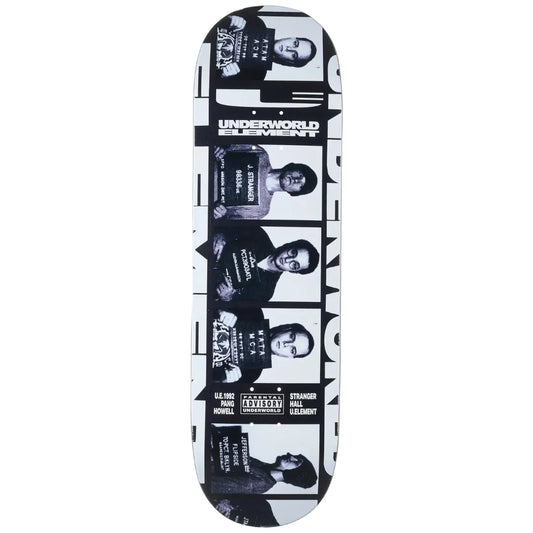 Skateboard deck with black and white graphics and text on a white background