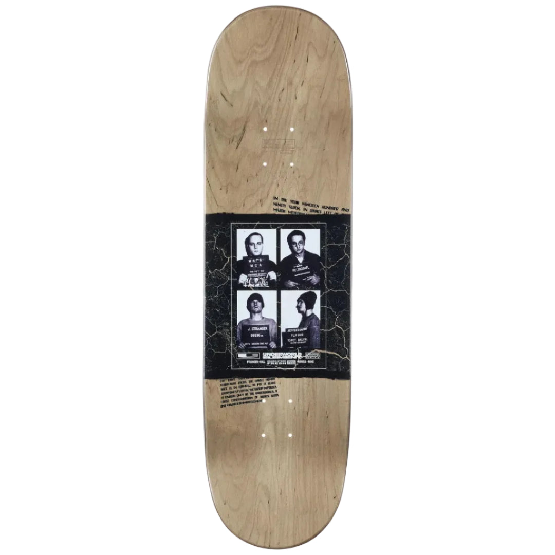 Skateboard deck with a printed design on a white background