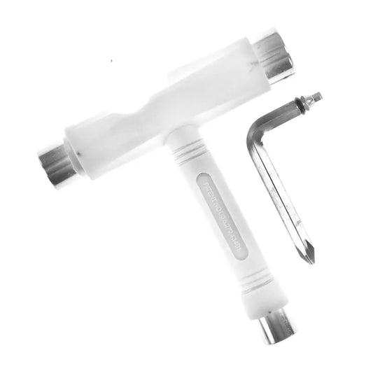 White tool with multiple attachments on a white background