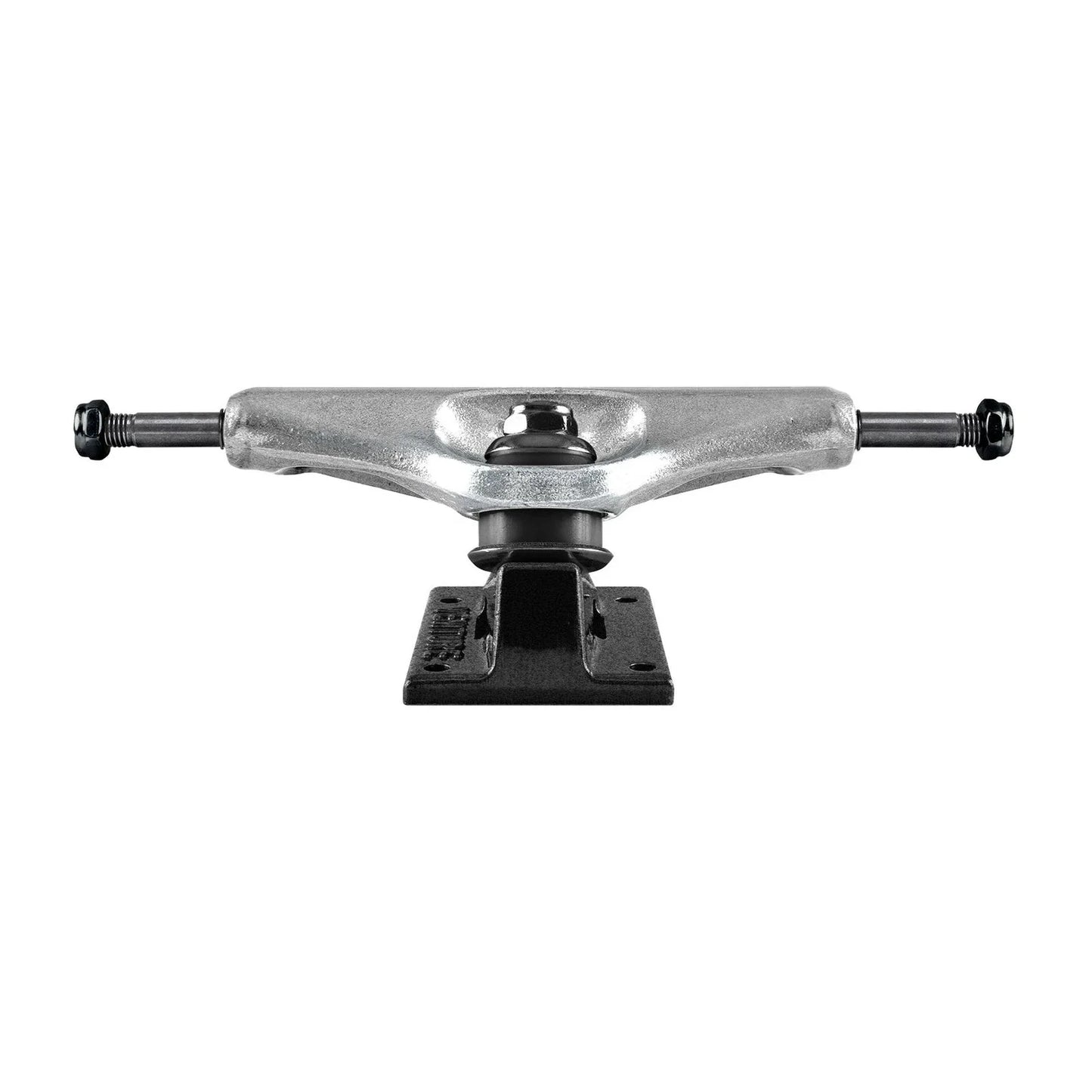 Skateboard truck with silver metal top and black base on a white background