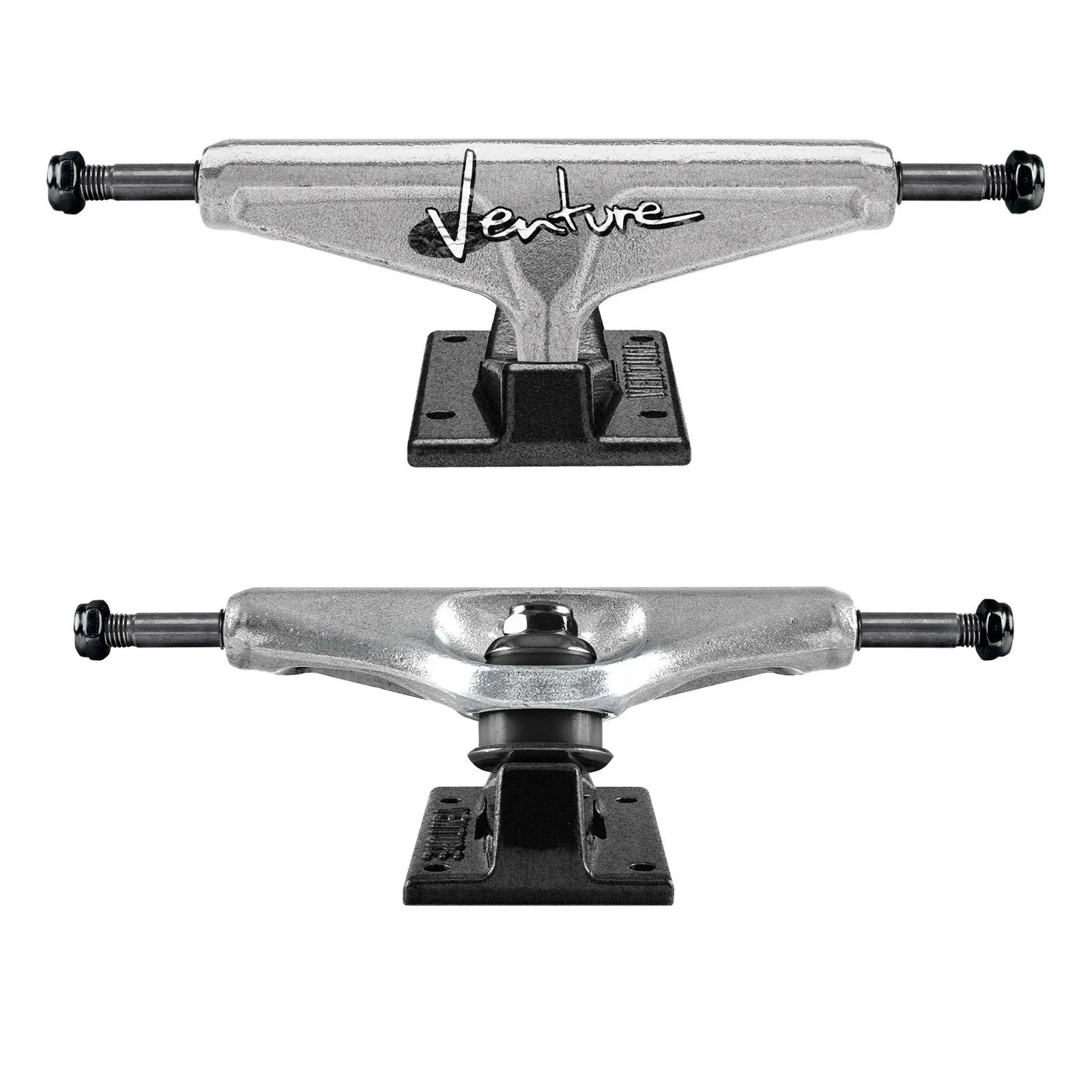 Two metal skateboard trucks with 'Venture' branding on a white background