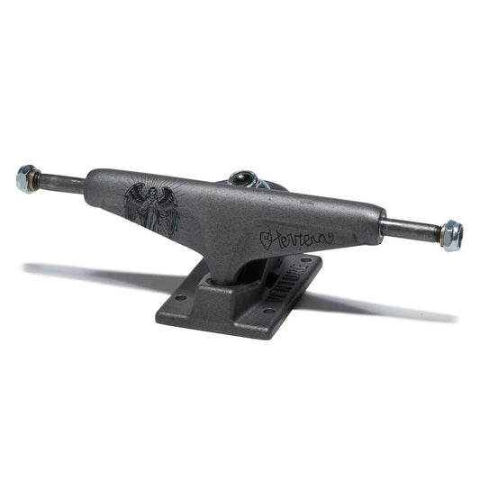 Skateboard truck with Hevatea branding on a white background