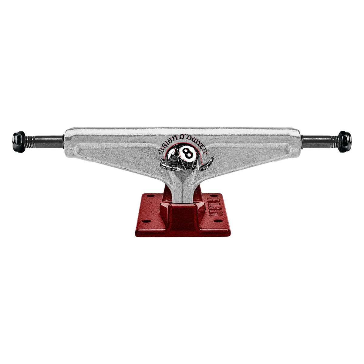 Skateboard truck with red baseplate and silver metal components on a white background