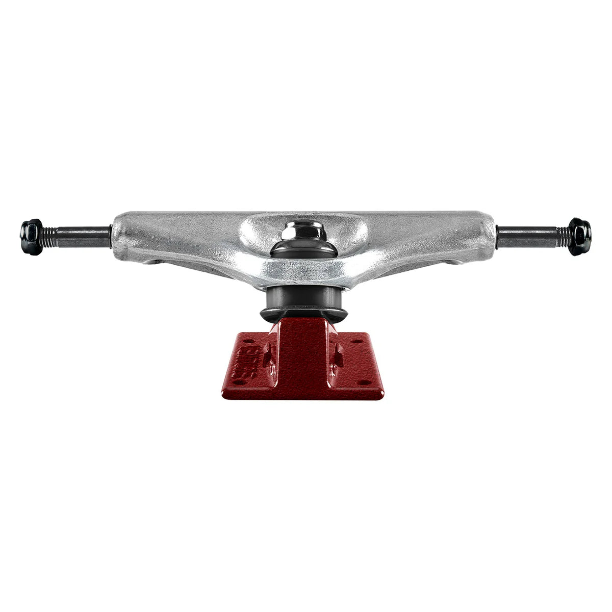 Skateboard truck with red baseplate on a white background