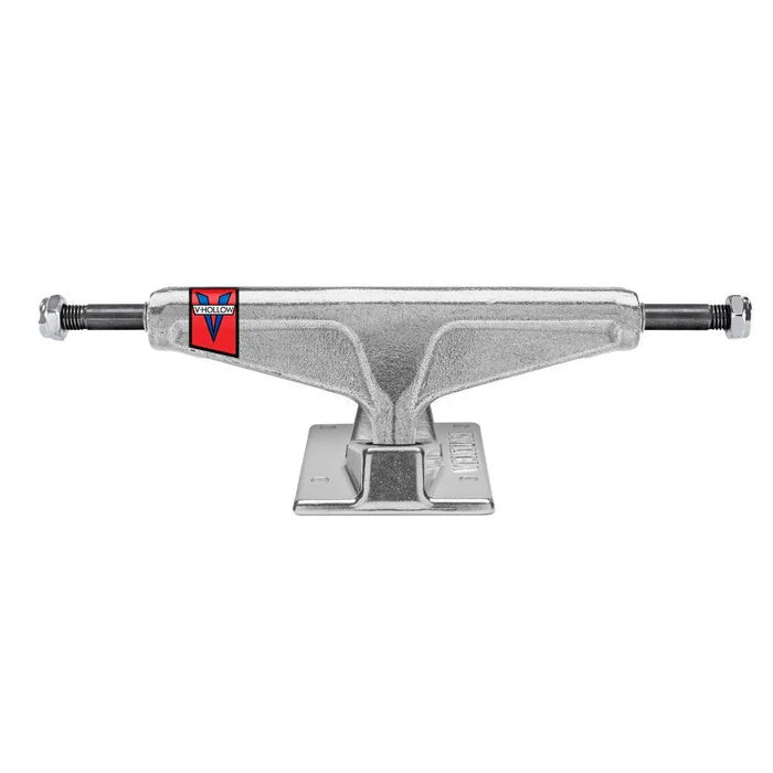Skateboard truck with a red logo on a white background