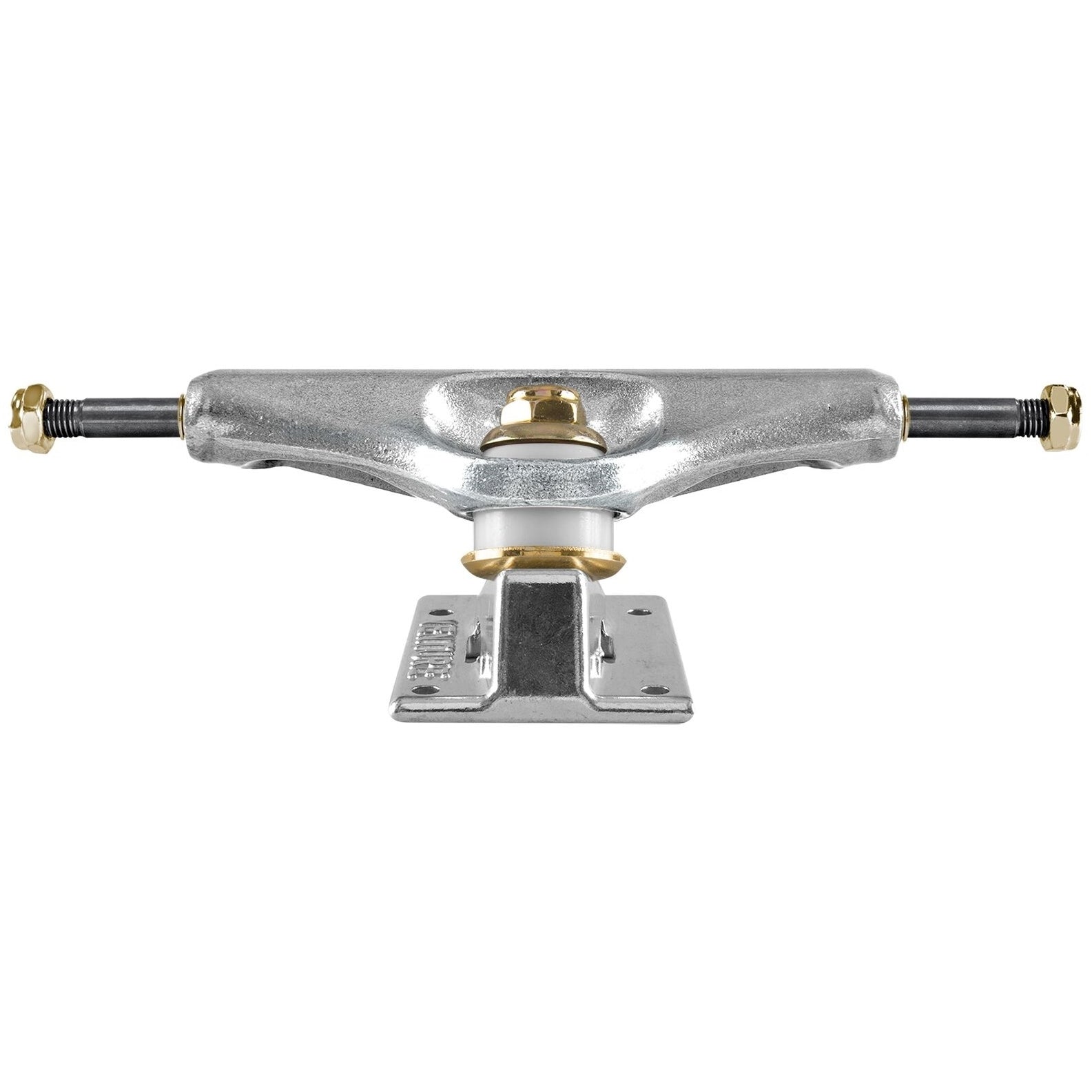 Skateboard truck with gold hardware on a white background