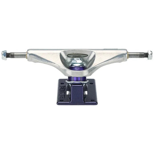 Skateboard truck with purple baseplate on a white background