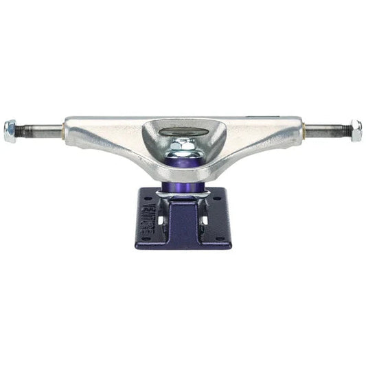 Skateboard truck with purple baseplate on a white background