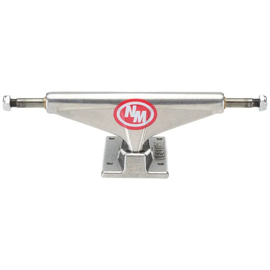 Metal skateboard truck with a red and white logo on a white background
