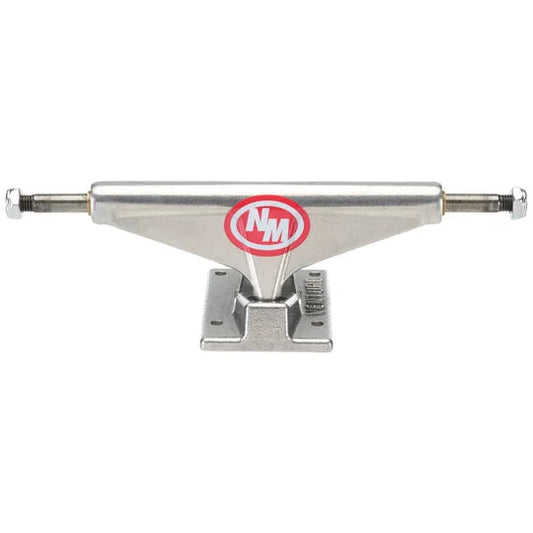Metal skateboard truck with a red and white logo on a white background