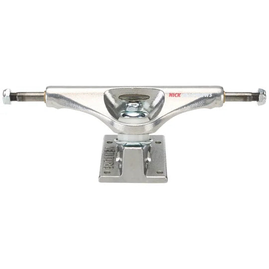 Chrome skateboard truck on a white background