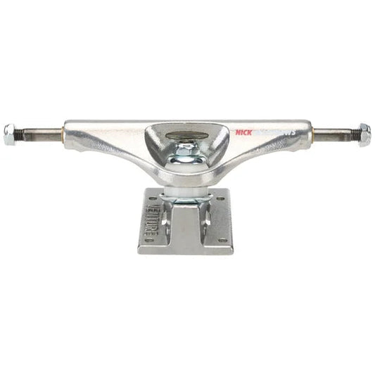 Chrome skateboard truck on a white background
