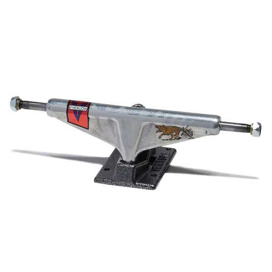 A single vintage-style skateboard truck with a silver metal body, black mounting base, and red and gold graphics, shown on a plain white background.