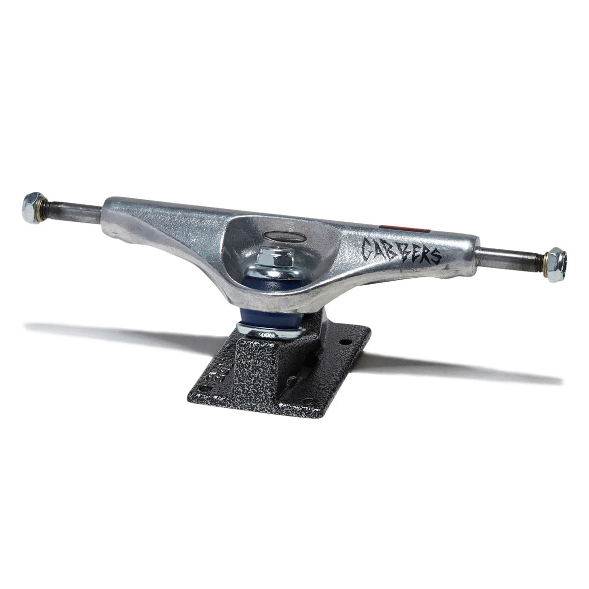 A single skateboard truck with a silver metal frame and a black textured base plate, shown on a plain white background with a soft shadow.