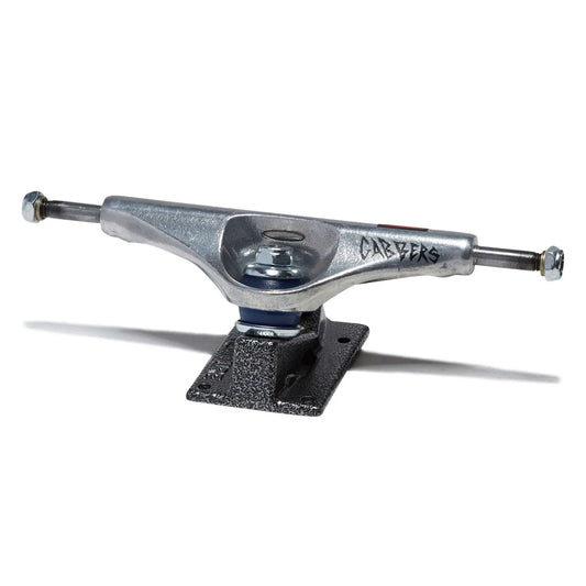 A single skateboard truck with a silver metal frame and a black textured base plate, shown on a plain white background with a soft shadow.