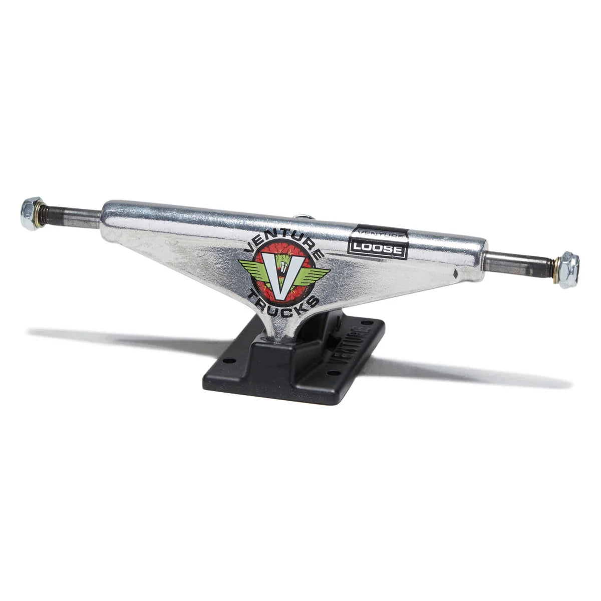 A single loose skateboard truck from Venture Trucks, featuring a silver chrome metal hardware assembly with a black base plate, set against a plain white background.
