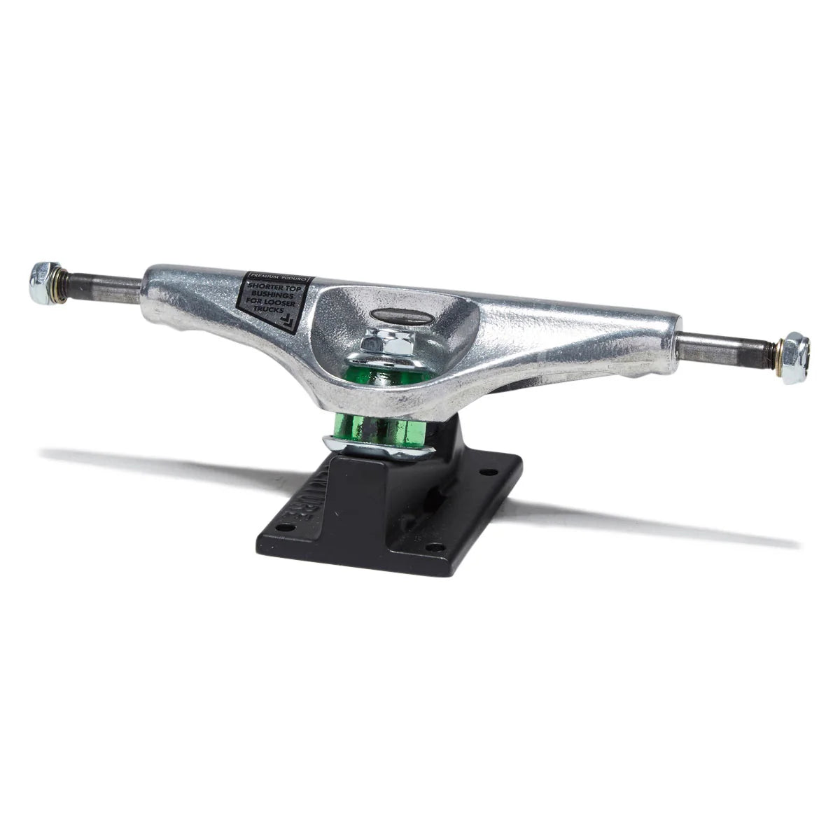 A single skateboard truck with a silver metal hardware body, a black base plate, and a green inner bushing, shown on a clean white background.