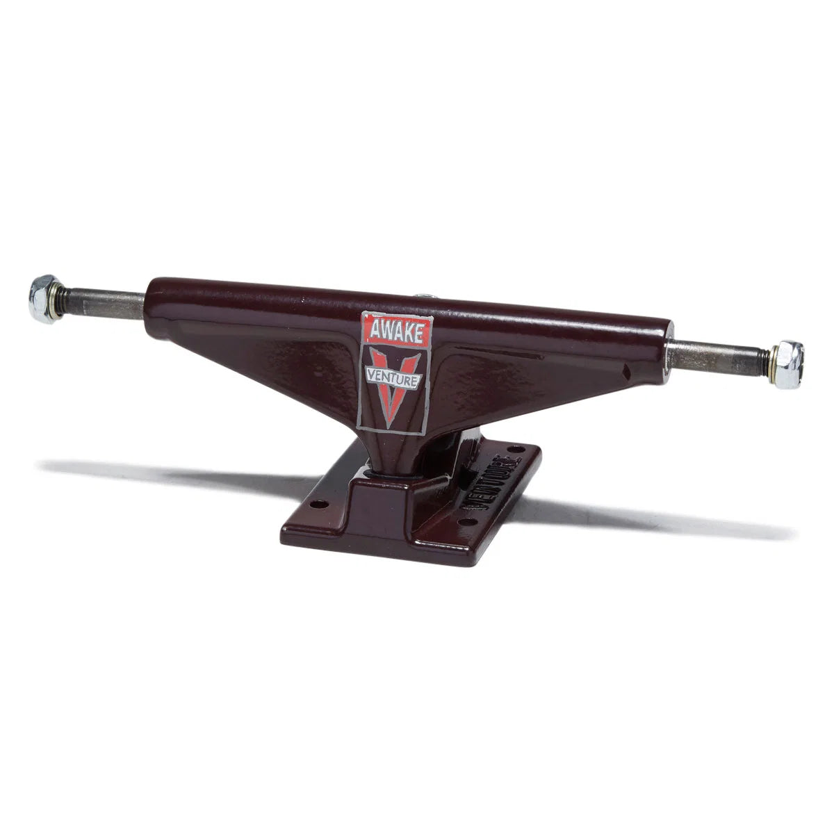 A single Venture skateboard truck with a dark maroon painted body, chrome hardware, and a red and white logo badge on a white background.