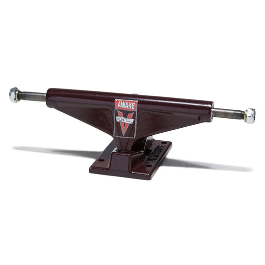 A single Venture skateboard truck with a dark maroon painted body, chrome hardware, and a red and white logo badge on a white background.