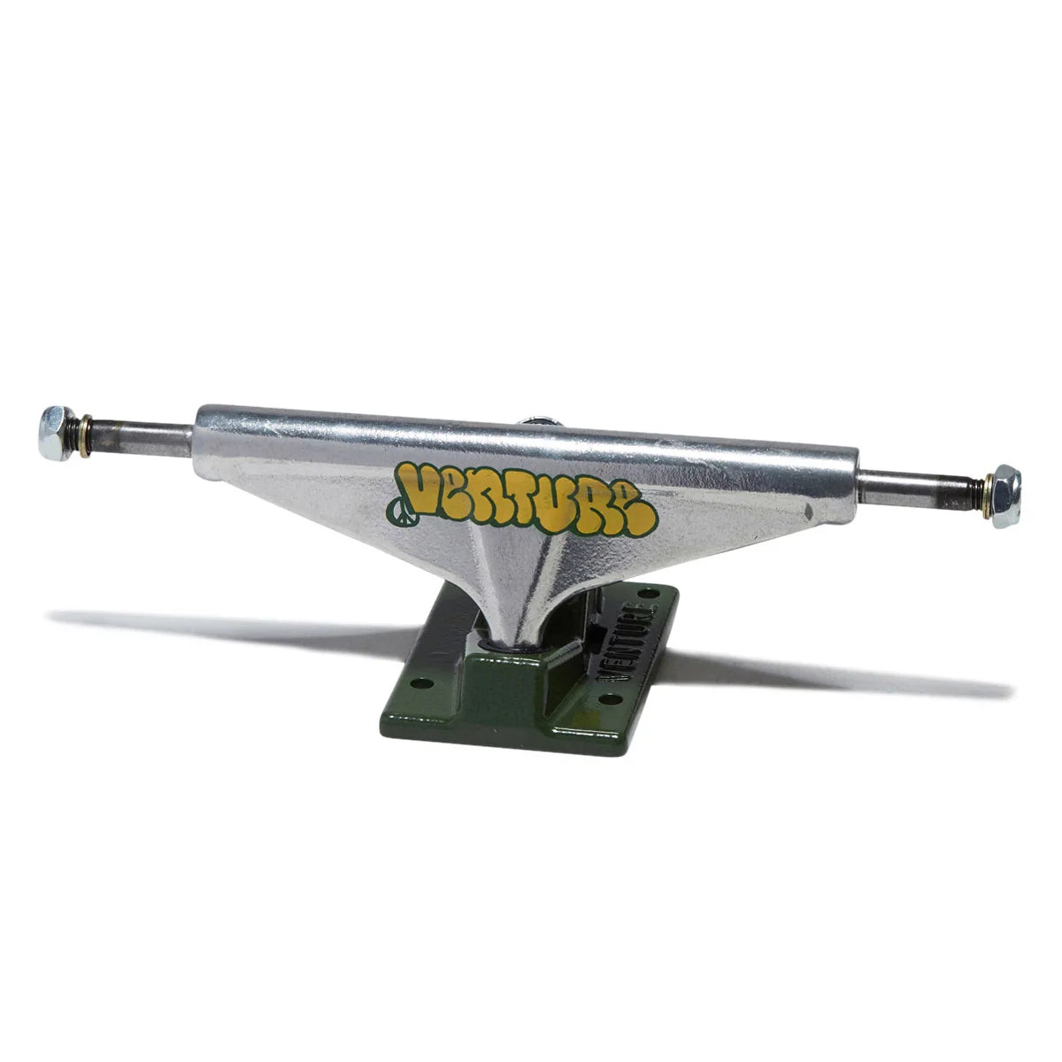 A single skateboard truck with a silver metal chassis and a dark green base plate, featuring the brand name 'venture' in yellow with a green outline on the side. The truck is photographed on a clean white background with a soft shadow cast to the left.