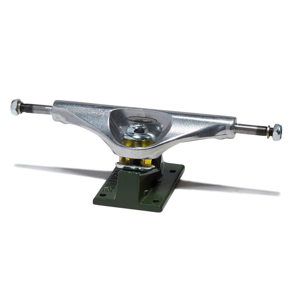 A single skateboard truck with a silver metal hardware assembly and a dark green base plate, shown on a plain white background with a soft shadow.