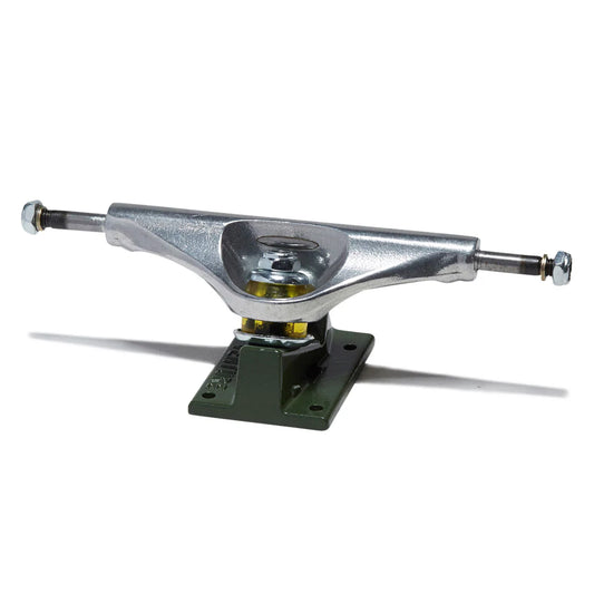 A single skateboard truck with a silver metal hardware assembly and a dark green base plate, shown on a plain white background with a soft shadow.