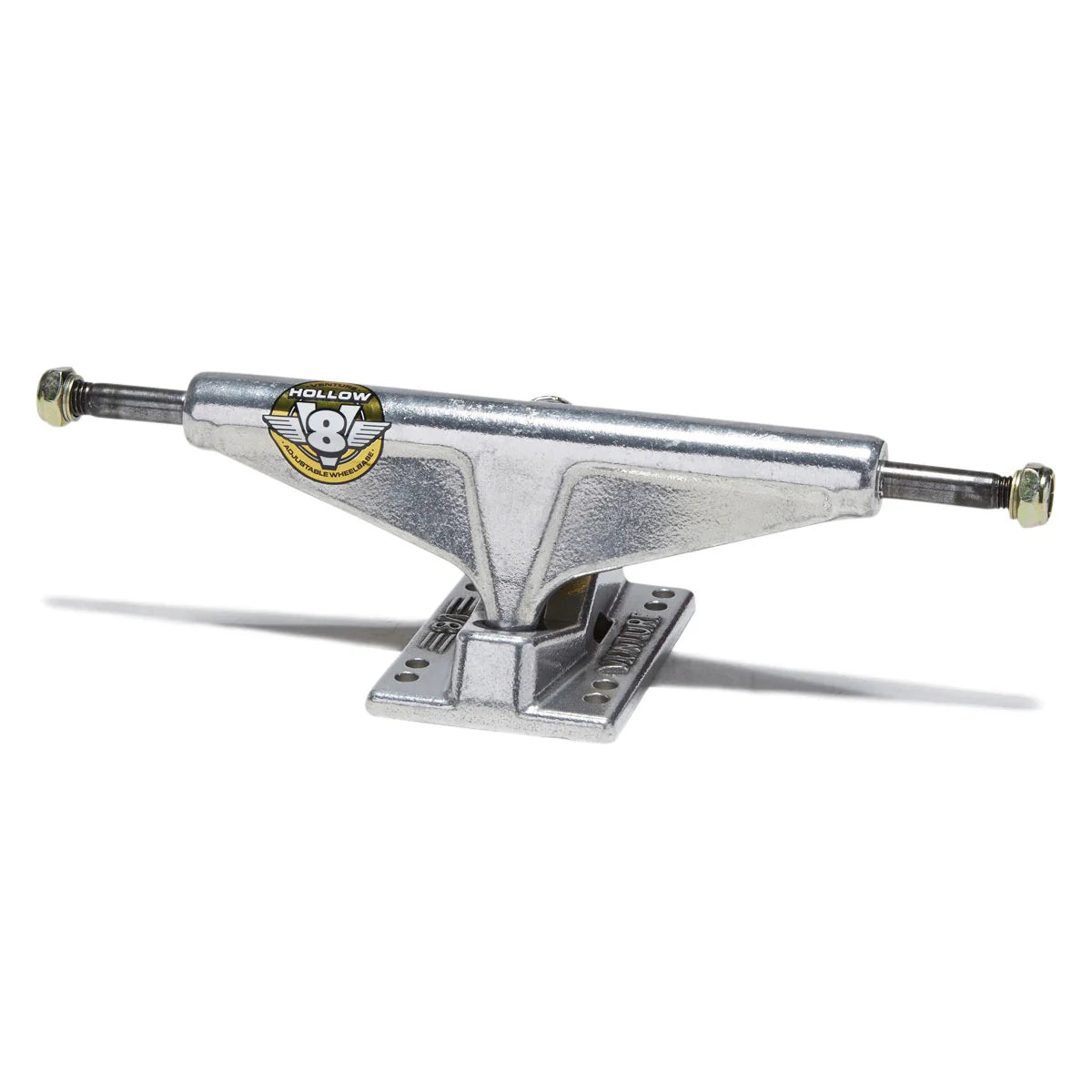 A single silver metal skateboard truck with a visible Kollhoff logo decal on the side, set against a plain white background with a soft shadow.