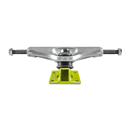 Skateboard truck with a green bushing on a white background