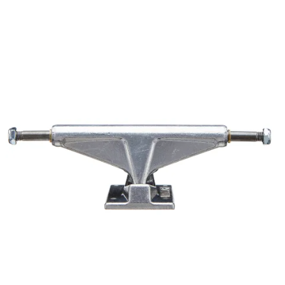A single silver skateboard truck with a polished finish and Venture branding on the baseplate.