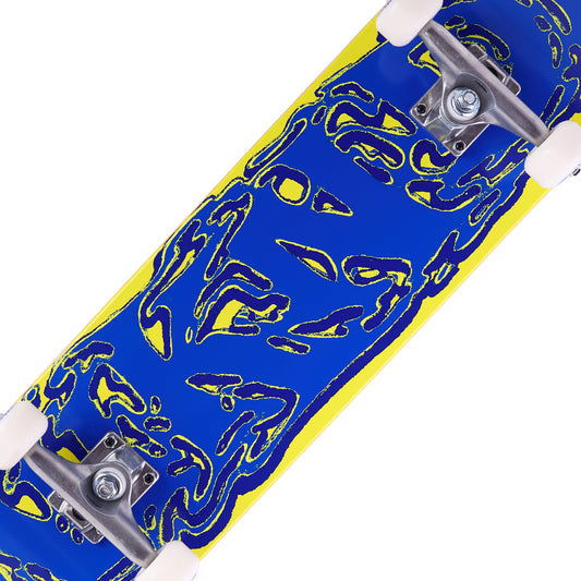 Close-up of a skateboard with blue and yellow design on a white background