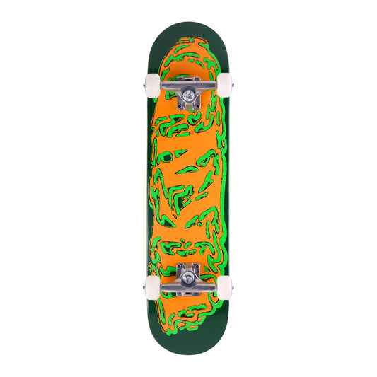 Skateboard with orange and green design on a white background