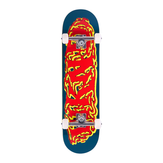Skateboard with red and yellow flame design on a blue background