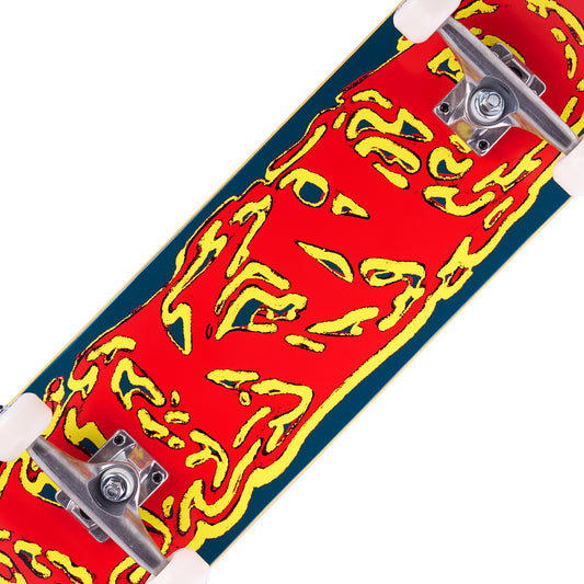 Skateboard with red and yellow abstract design on a white background